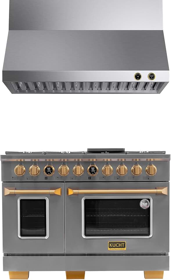 48 in. 6.7 cu. ft. 8-Burner Double Oven Dual Fuel Range Propane Gas in Stainless Steel & Gold Plus Wall Mount Range Hood