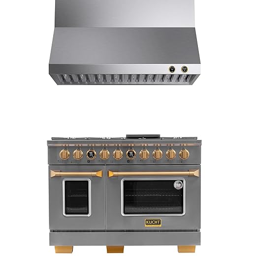 48 in. 6.7 cu. ft. 8-Burner Double Oven Dual Fuel Range Propane Gas in Stainless Steel & Gold Plus Wall Mount Range Hood