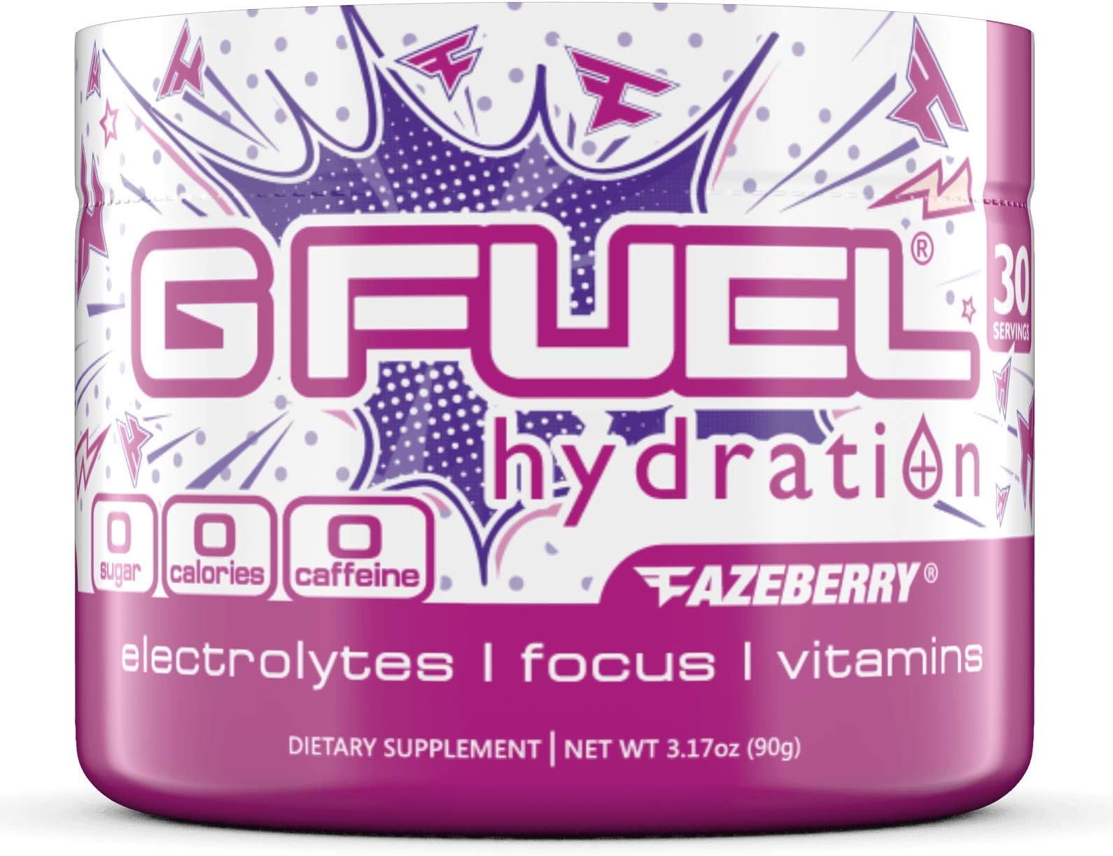 G Fuel FaZeberry Electrolytes Powder, Water Mix for Hydration, Energy and Focus, Sugar Free, Zero Caffeine Supplement, Pomegranate Strawberry Blueberry Flavor - 3.17 oz (30 Servings)