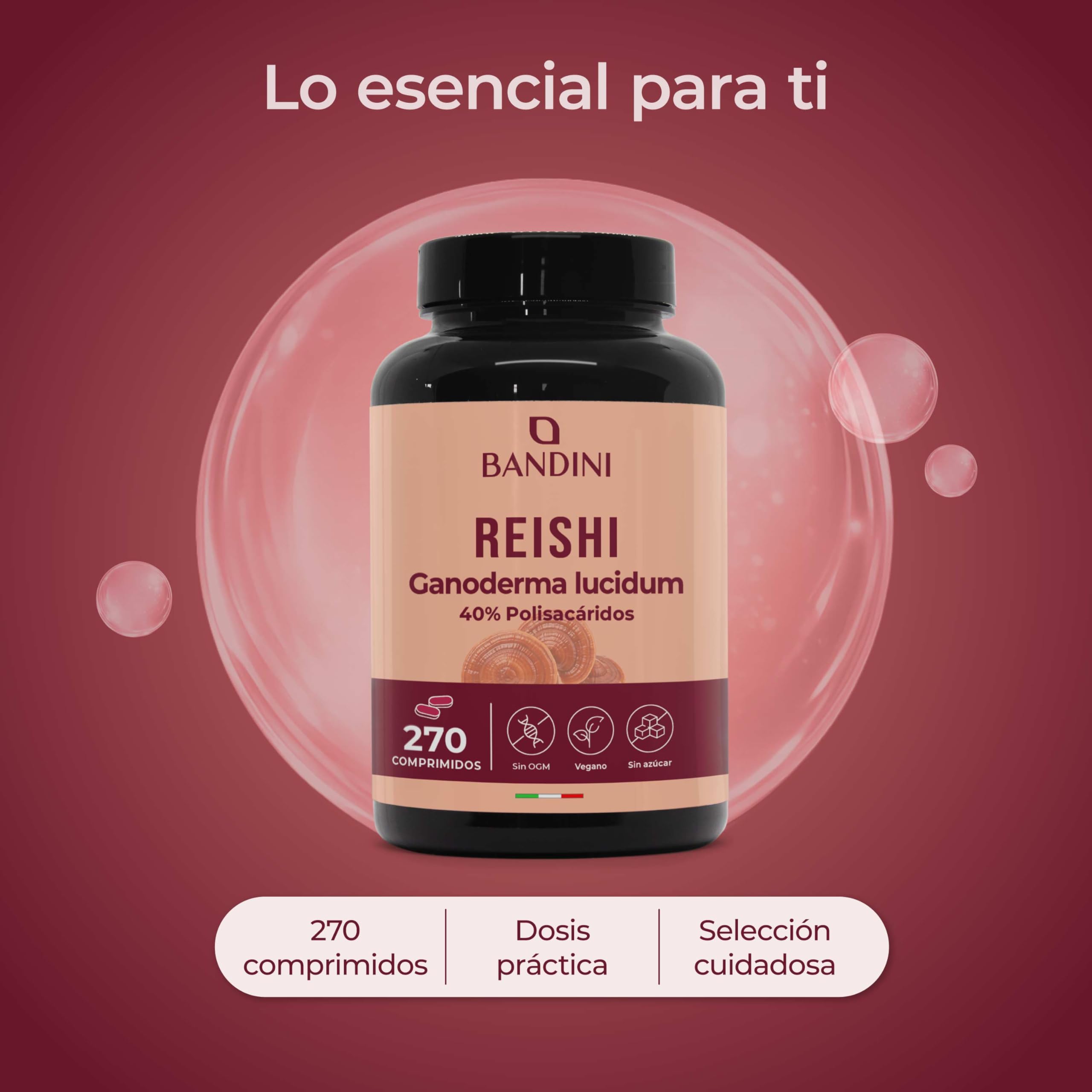 Bandini® Reishi hongo 270 comprimidos | Equivalentes de 16.900 mg (13:1) | 40% de polisacáridos | Extracto de Ganoderma Lucidum | Para +4 meses | Complemento alimenticio puro 100% Vegano y Natural