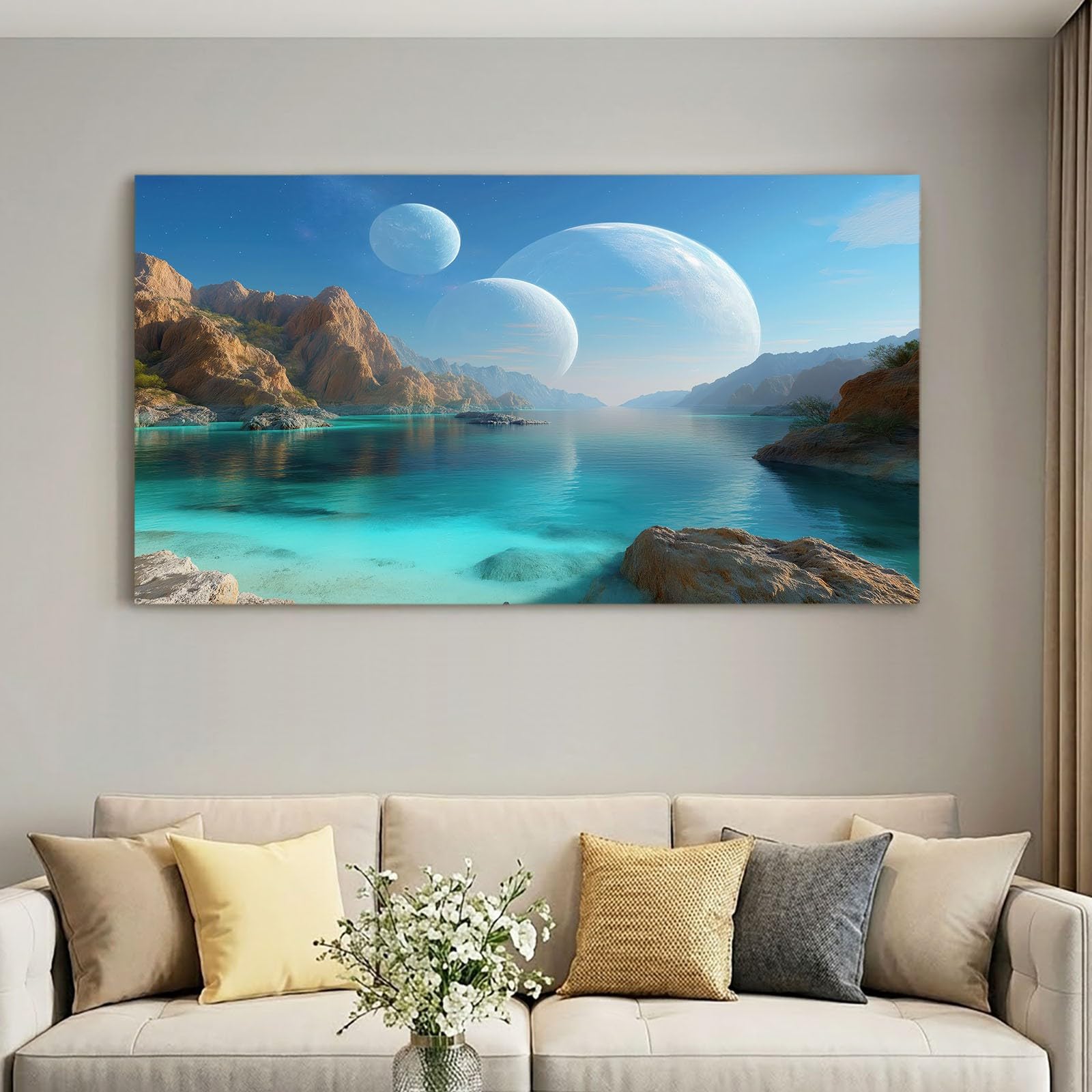 Obraz na płótnie, natura, krajobraz, XXL, obraz ścienny, dekoracja ścienna 120 x 60 cm, druk artystyczny na płótnie z drewnianą ramą, niebieskie góry, jezioro, planeta, dekoracja ścienna do salonu