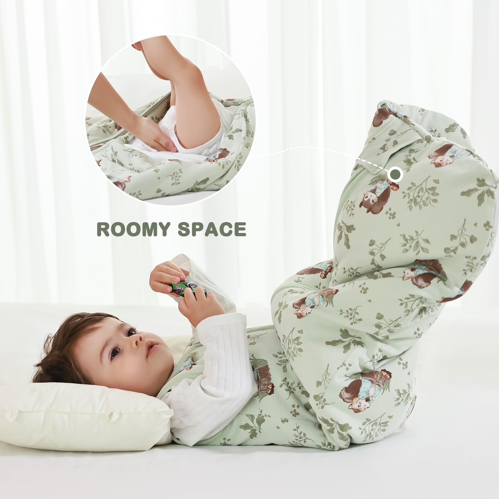 Mosebears Sacco nanna invernale per bambini, 2,5 tog, 100% cotone, per diverse misure dalla nascita all'età di 24 mesi(Green Animal,6-12 mesi)
