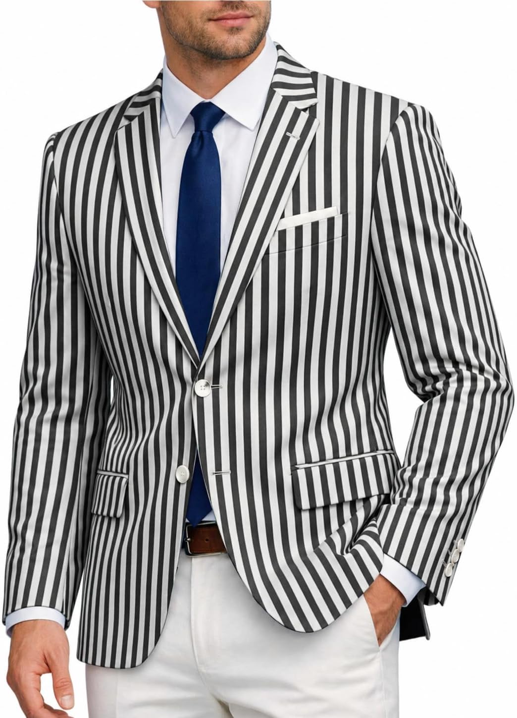 Men's Seersucker Pinstripe Blazer Lightweight Notch Lapel Slim Fit Business Suit Jacket