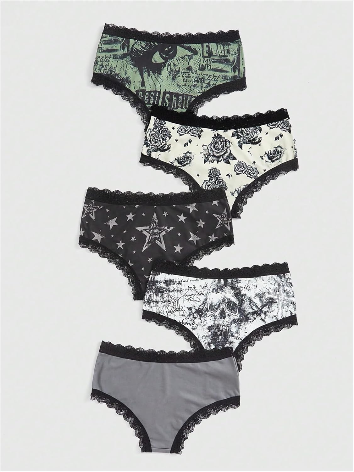 WDIRARA Women's 5 Pack Set Goth Graphic Print Mesh Sheer Lace Trim Mid Rise Underwear Briefs - Image 2