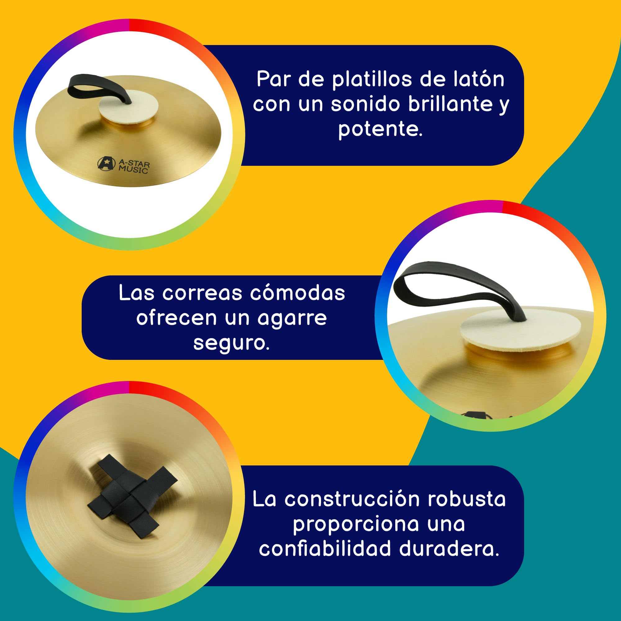 A-Star Platillos de latón de 14 pulgadas con correas para principiantes, escuelas, bandas
