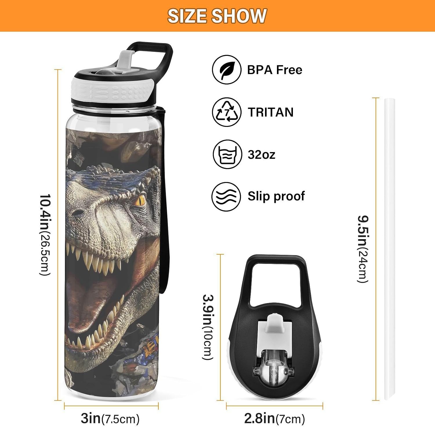 ALAZA Dinosaur Water Bottle with Straw,Leakproof Tritan Clear Sports Water Bottle Jurassic Kids Water Bottle for School Outdoor Sports Drinking,32 oz