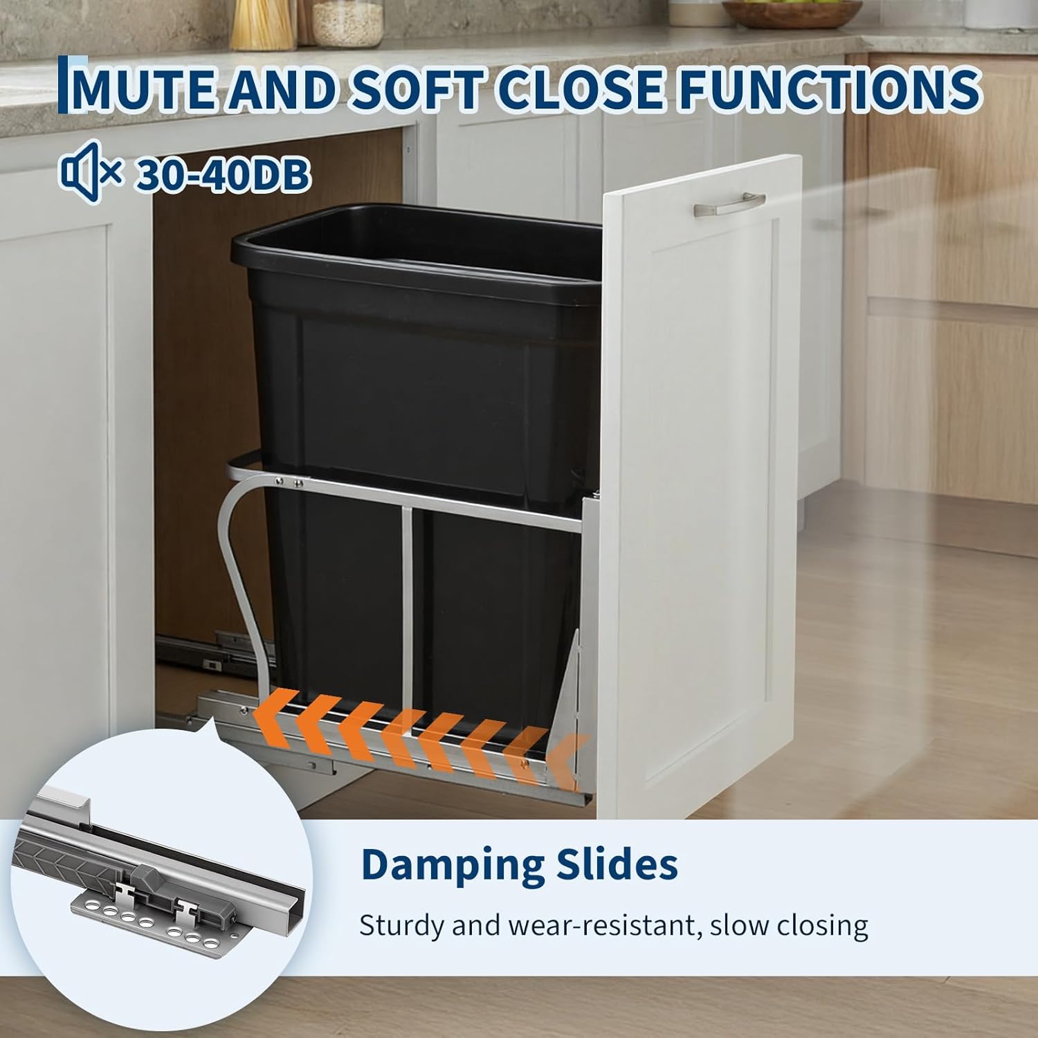 Singe 40 Qt Pull Out Trash Can Under Cabinet, Heavy Duty Under Sink Garbage Can Kit with Soft-Close Slides | Slide Out Waste Bin for Kitchen, Laundry | Requires Minimum Cabinet Opening 12" W x 18" D