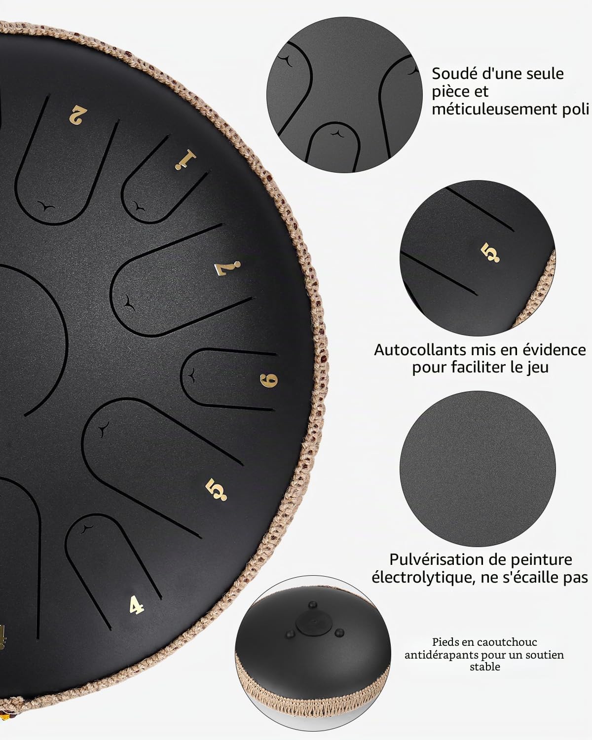 heuchaey Steel Tongue Drums,14 Pouces 15 Tons Tambour Handpan | Instrument de PercussionAvec le Sac,Des Maillets,Des Médiators,Livre de Musique Pour le pour la méditation,le yoga (Noir)