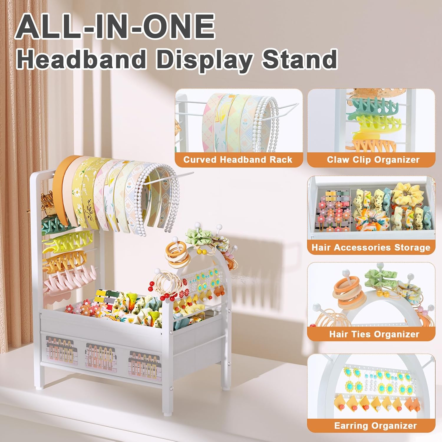 Headband Holder Organizer for Girls and Women - Versatile Hair Accessory Organizer for Dresser, Decorative Headband Storage Stand Rack for Scrunchies, Hair Ties, Claw Clip, Bow & Earrings (White)