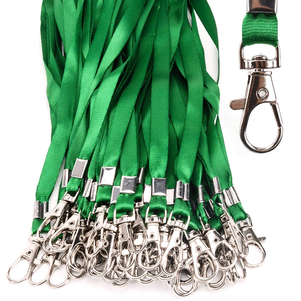 Lanyards 50 Pcs Bulk Lanyard for Id Badges Flat Green Lanyard with Badge Clip Swivel Hook (50, Green)