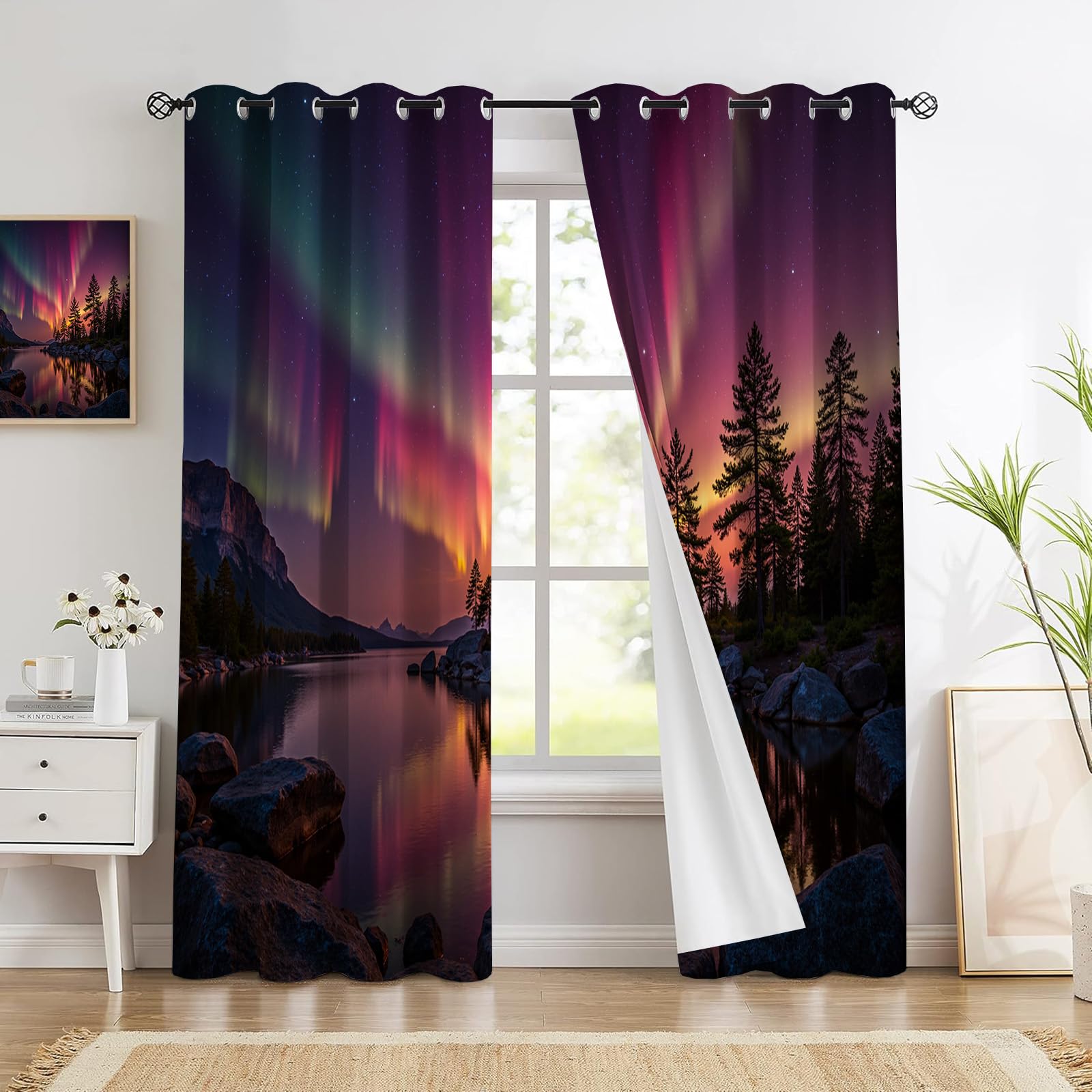 Lot de 2 rideaux occultants à oeillets paysage forêt rose