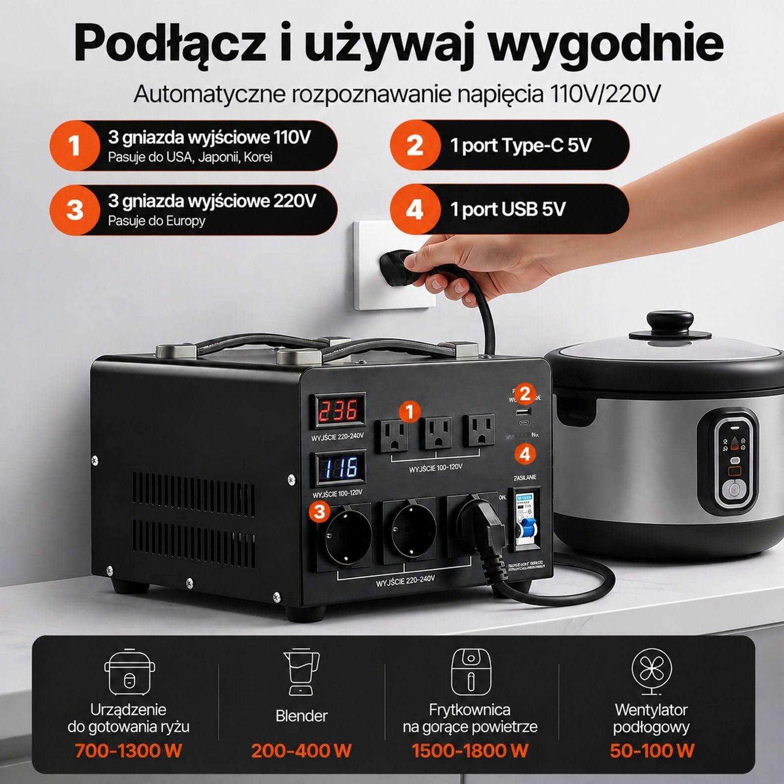 Transformator napięcia 3000VA 110 V na 220 V i 220 V na 110 V, 3 gniazda US, 3 złącza EU, metalowa obudowa z uchwytem