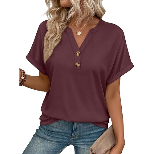 AUTOMET Womens Spring Tops 2026 Short Sleeve Shirts Henley Dressy Casual Blouses V Neck Fashion Tunics Trendy Flowy Clothing