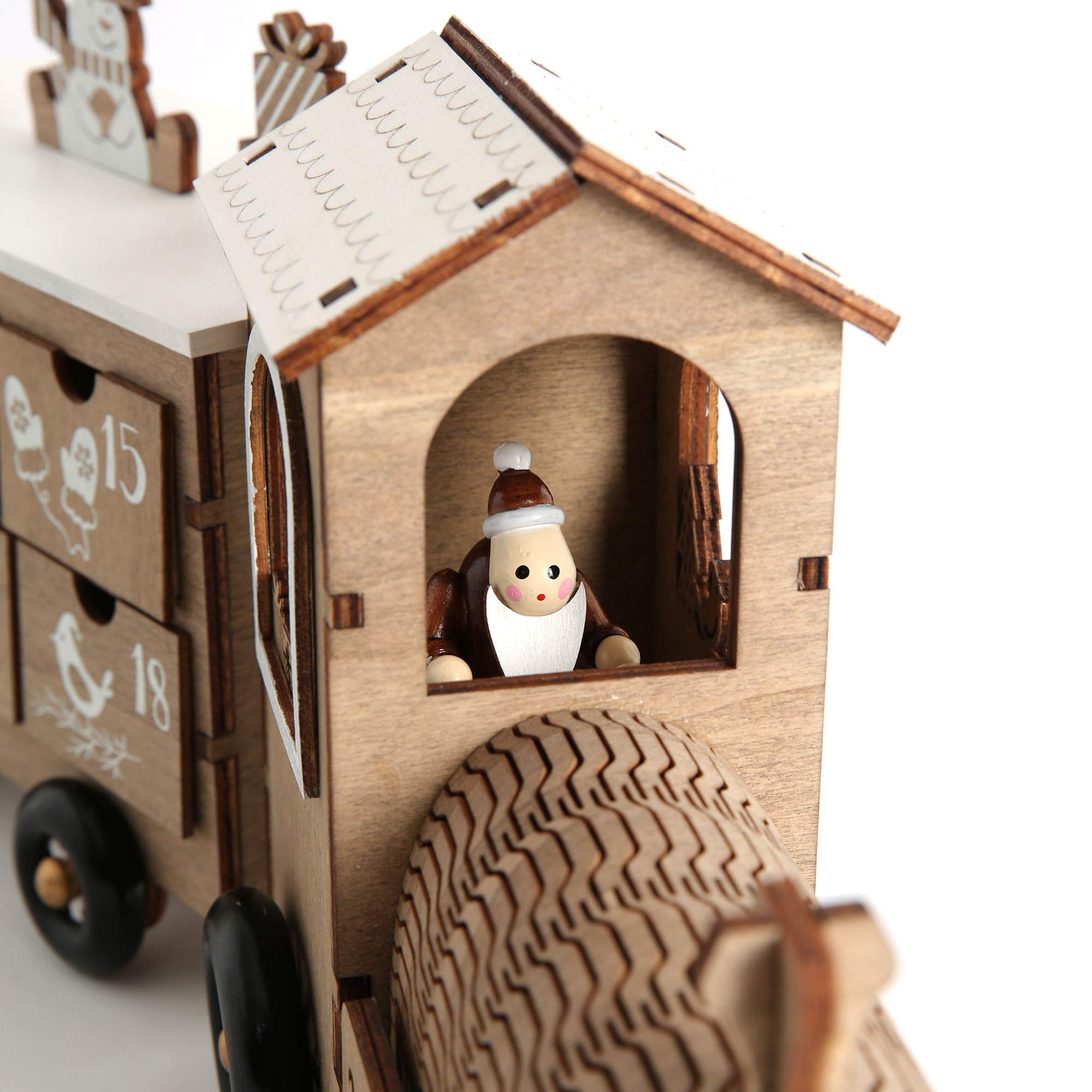 PE Weihnachts-Adventskalender aus Holz in Form eines Zuges mit 24 Schubladen für den Weihnachtscountdown als Tischdekoration (weiß und naturfarben)