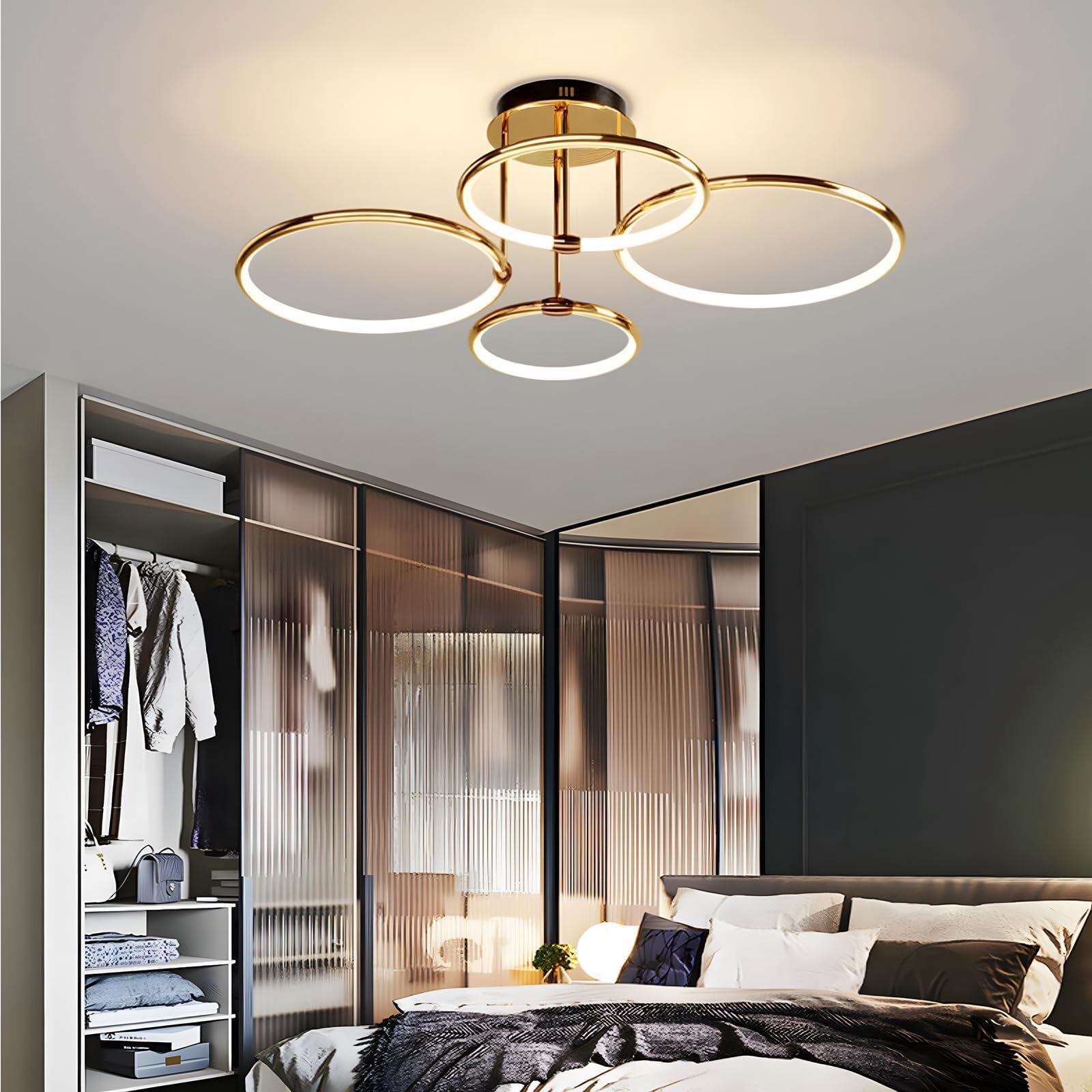 4 Ring Gold Led Deckenleuchte, Ø75cm | 85W Kronleuchter Stufenlos Dimmbar, Kreative Metallgalvanik Pendelleuchte, Moderne Lampe Für Schlafzimmer, Wohnzimmer, Kinderbüro Arbeitszimmer Küche