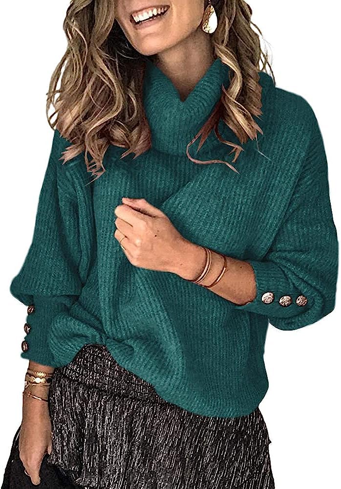 Wenrine Pull à col roulé pour femme - Manches longues - Décontracté - Chaud - Tricoté avec boutons en métal