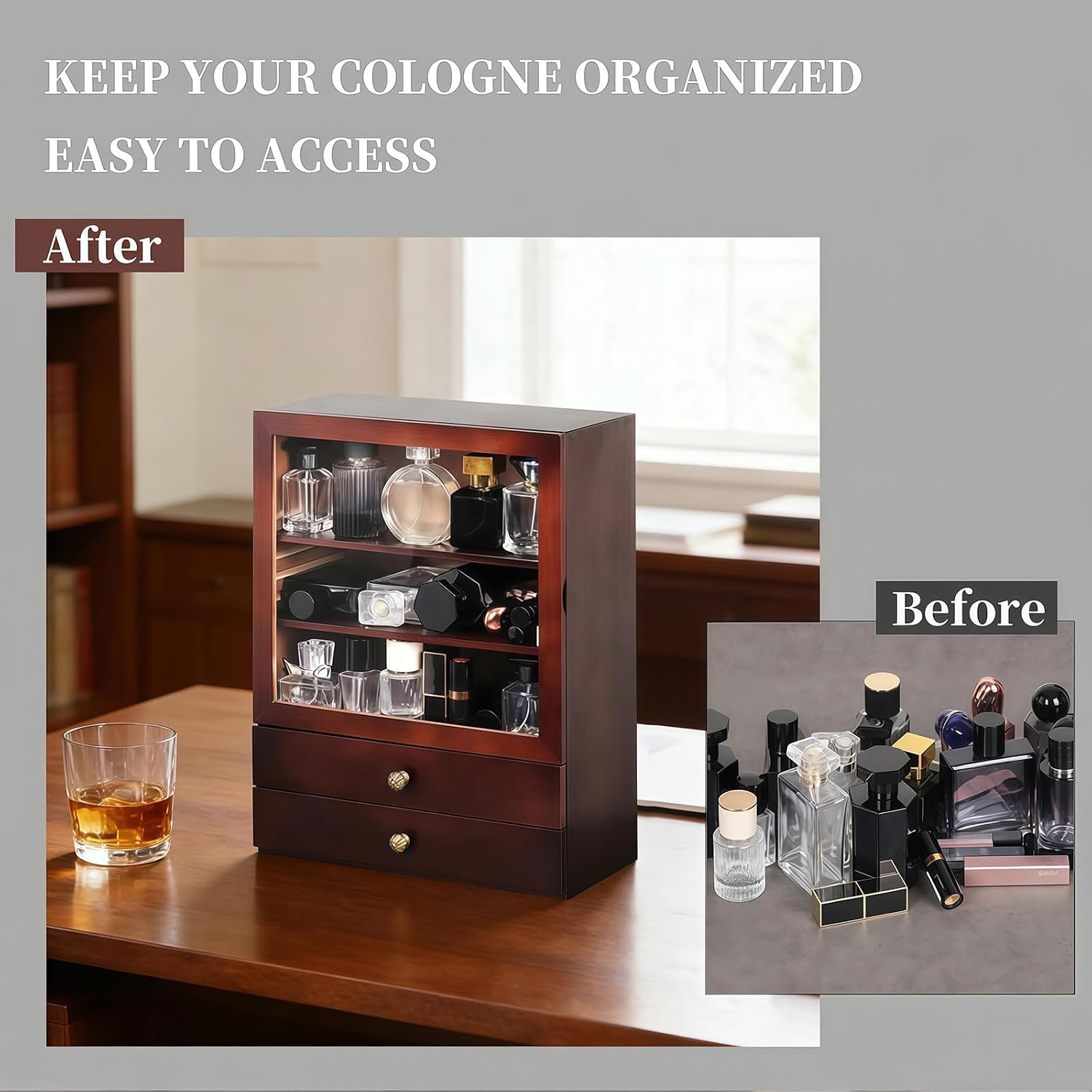 AUTOARK Wooden Cologne Organizer with Drawer,Walnut,AHK-085 | 5-Tier,Large Men's Storage Stand,Dustproof,Perfume Display Box