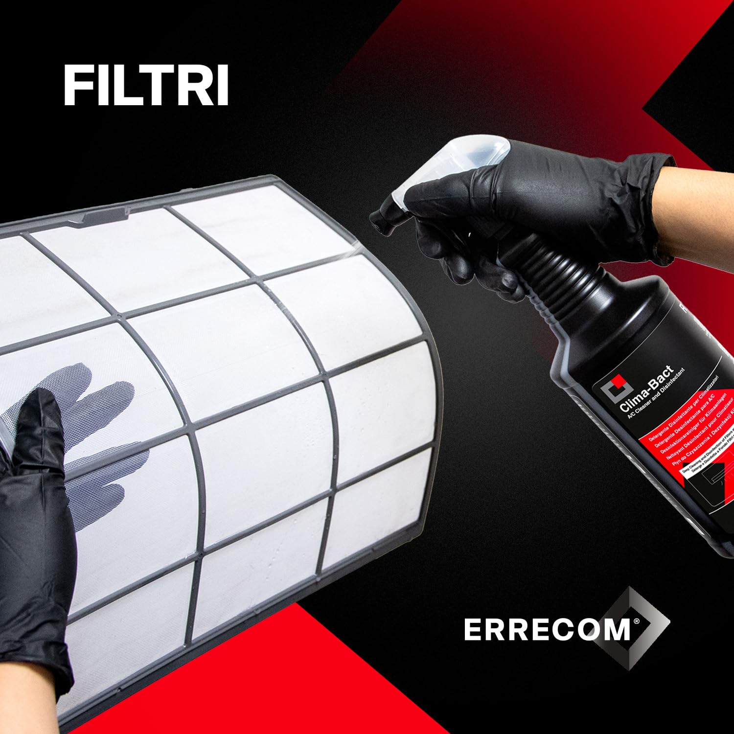 ERRECOM Clima-Bact Detergente Disinfettante per Climatizzatori, Biocida Registrato, Elimina Batteri, Virus, Sporco, Odori, Pulisce e Disinfetta Filtri, Batterie Alettate e Superfici,Biodegradabile,1L