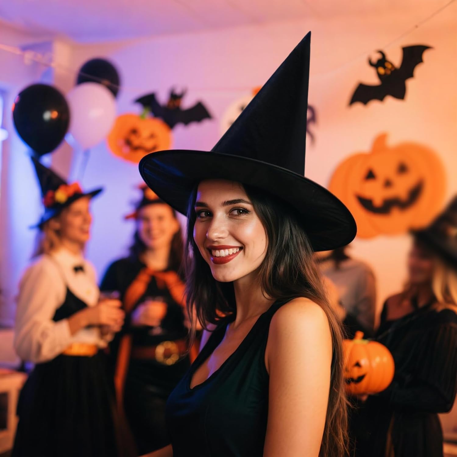 Halatool 6 Pcs Halloween Witch Hats, Black Hanging Witches Hat with 98 Feet Hanging Rope, Witch Costume Accessories Floating Hats for Halloween Party Indoor Outdoor Decoration - Image 5