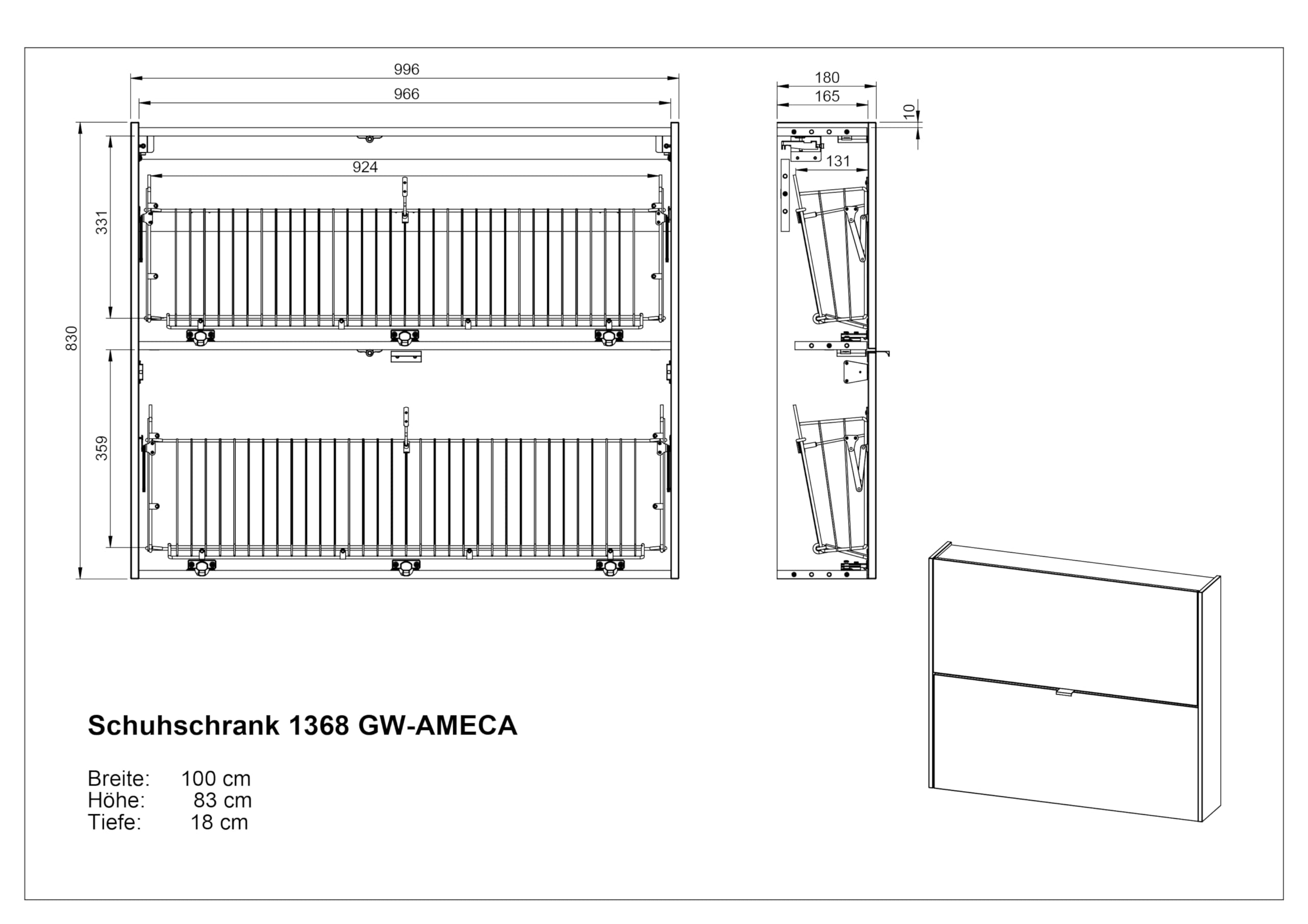 Germania Schuhschrank 1368-629 GW-Ameca, in Taupegrün/Navarra-Eiche, geringe Tiefe - ideal für schmale Flure, 100 x 83 x 18 cm (BxHxT)