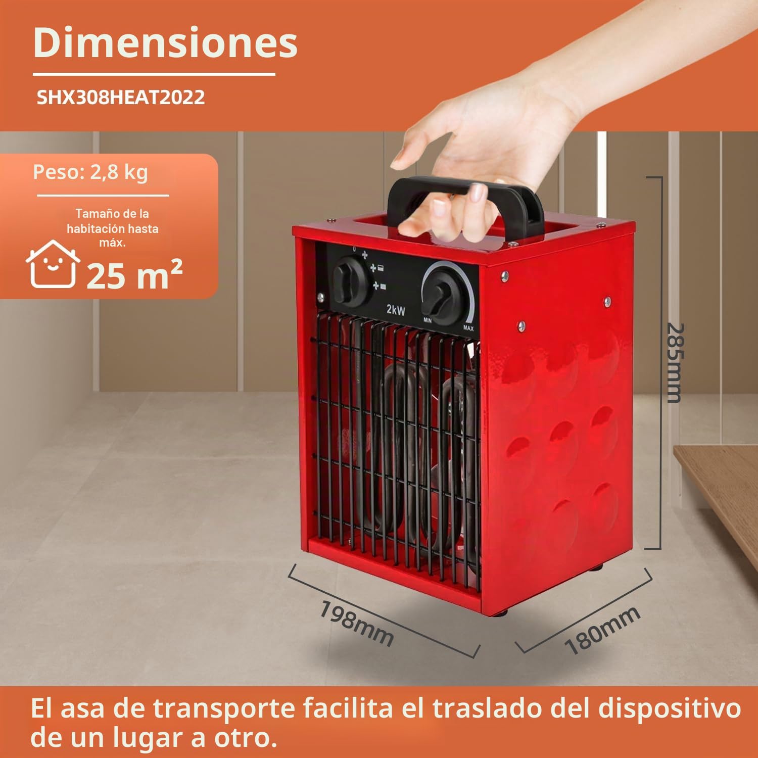 SHX SHX308HEAT2022 - Calefactor industrial de 2000 W, 2000 W, elemento calefactor de acero inoxidable, 3 modos de funcionamiento, a prueba de salpicaduras, ajustable, termostato, protección contra