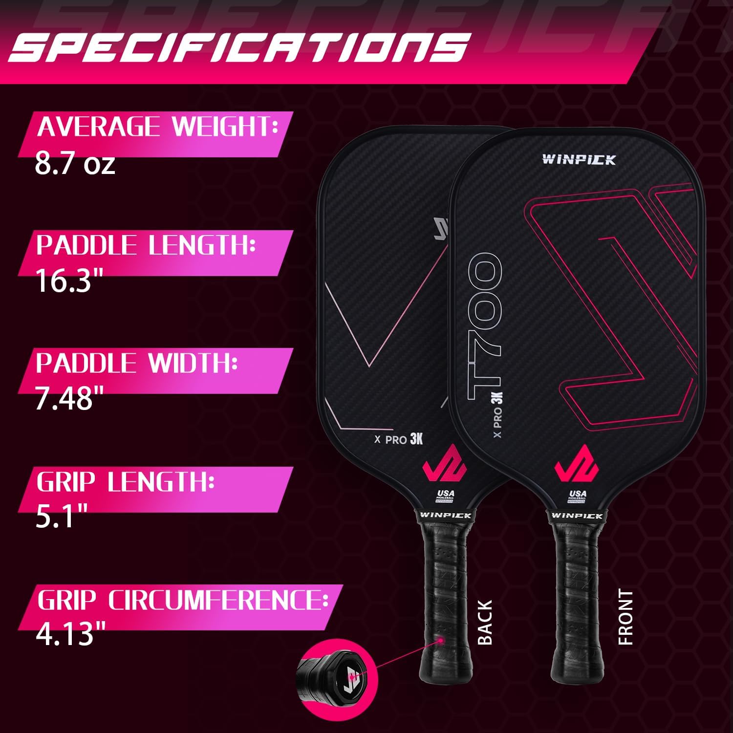 Pickleball Paddle, T700 Raw Carbon Fiber Pickleball Paddle, Thermoformed Pickleball Racket with 16 MM Polypropylene Honeycomb Core, Non Slip Grip, More Control & Power, USAPA Approved