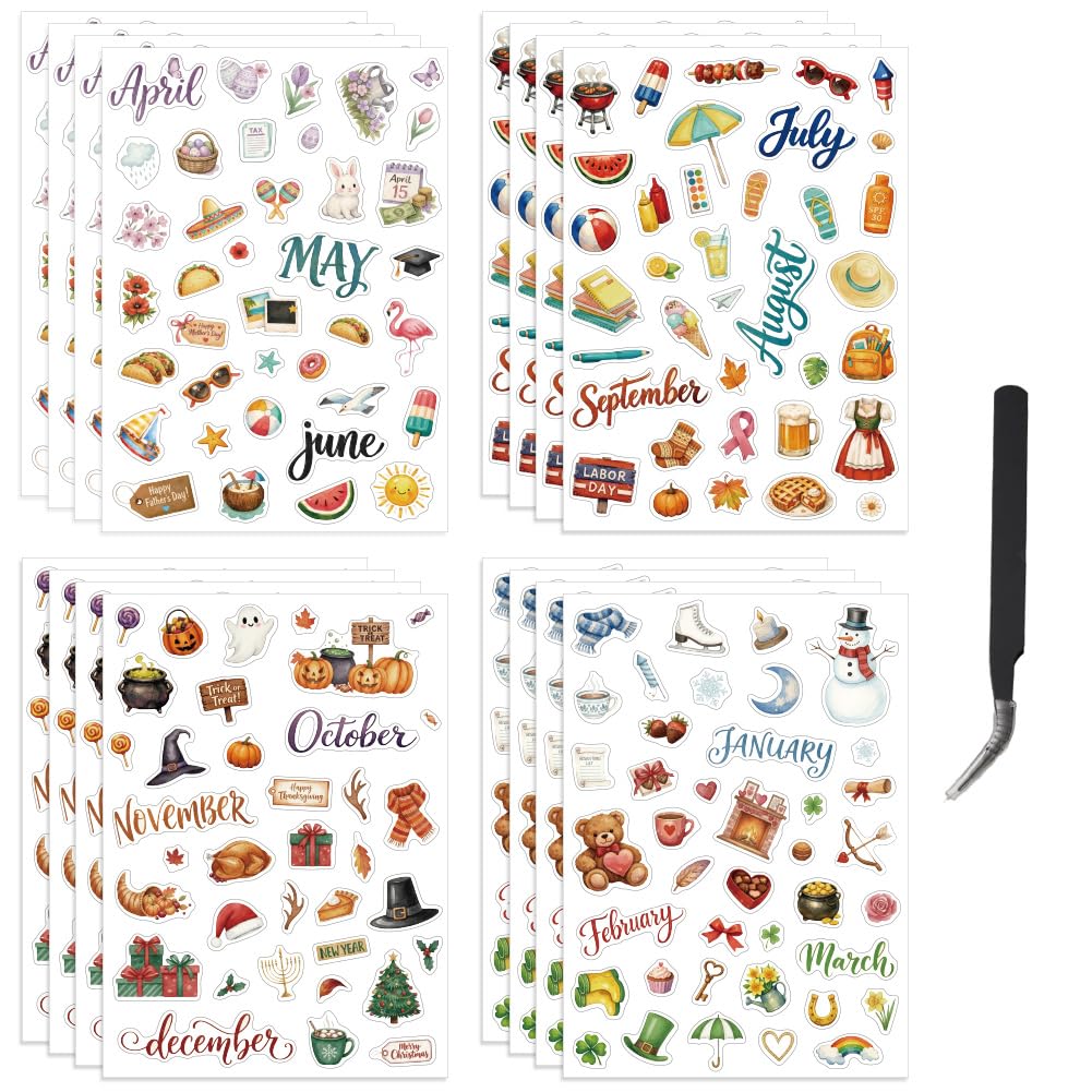 OLYCRAFT 16 Sheets/600Pcs Monthly Planner PVC Waterproof Sticker 4 Styles Holiday Scrapbook Stickers Self-adhesive Sticker with 1Pc Tweezer for Water Bottle Laptop Journaling Photo Album Planner Decor