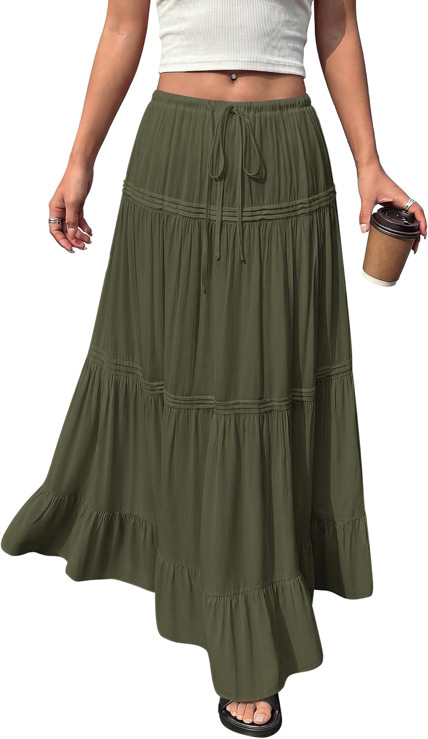 BTFBM Spring Skirts for Women 2026 Summer Boho Beach Vacation Clothes Casual Pleated High Waisted Flowy Maxi Skirt
