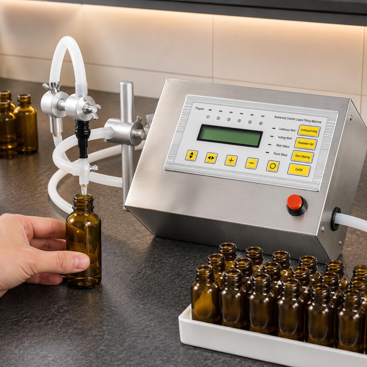 Máquina compacta de llenado de líquidos con control por microcomputadora, boquilla antigoteo y tubo de silicona para agua, aceite, perfume y más.