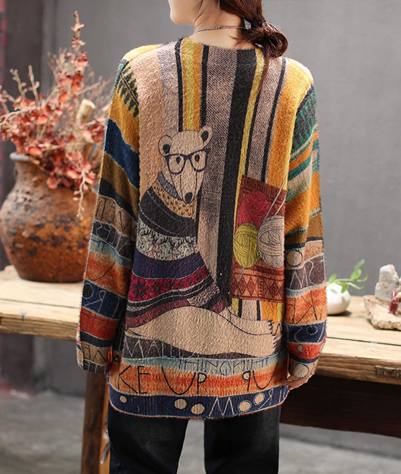 Janein Damen Pullover Oversize Lang Strickpullover Herbst Winter Rundhals Sweater mit Blumenmuster Weihnachtspullover JS01DE | Übergröße Weihnachts-Pullover, locker geschnitten, angenehmer Stoff, pillfest, warm für Winter, Familientreffen & Alltag