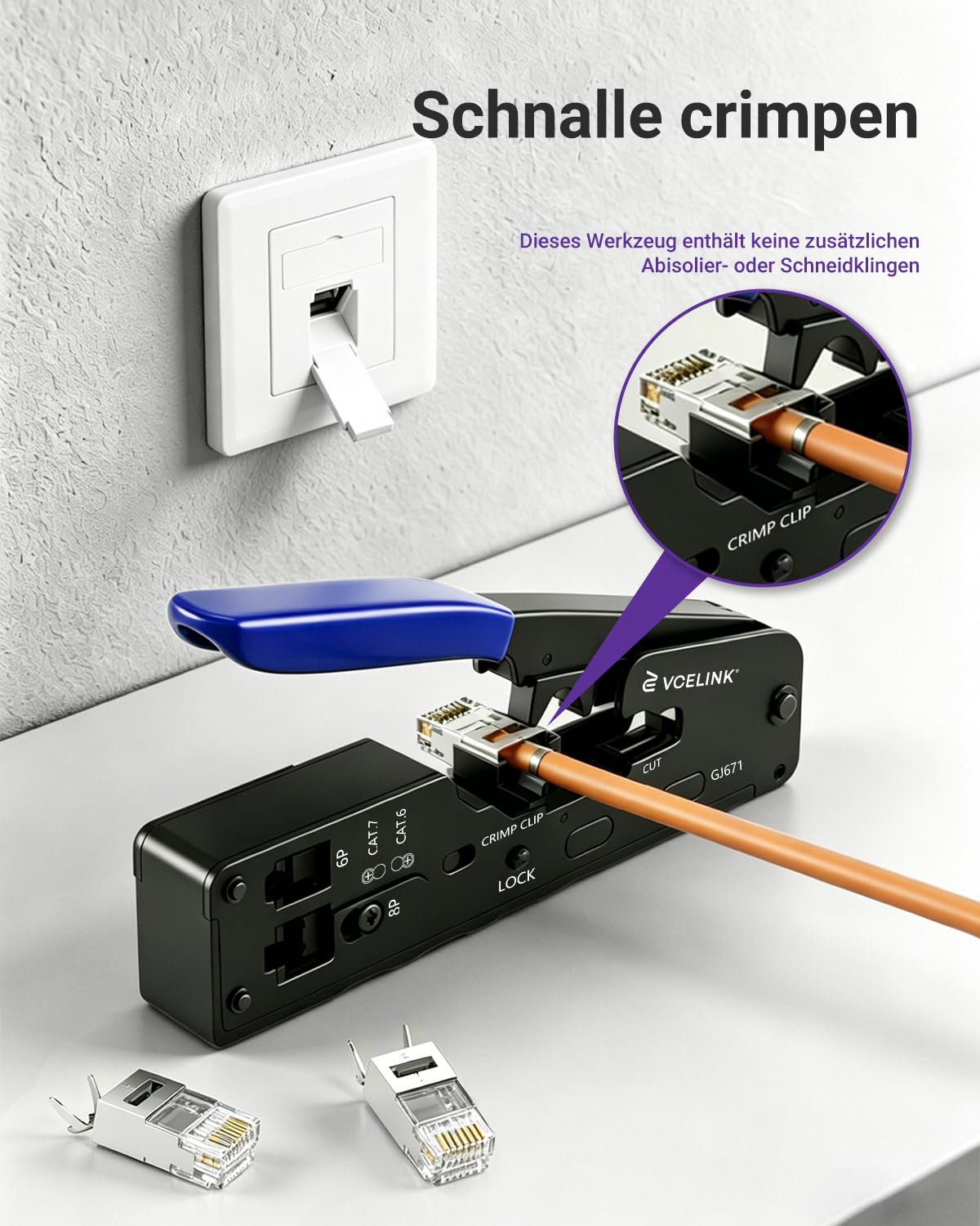 VCELINK Crimpzange RJ45 Presszange für RJ45 Stecker, Netzwerk Werkzeug mit 10 x Cat7 Cat6A Lan Stecker, vergoldet Pass Through Netzwerkstecker, GJ671BL