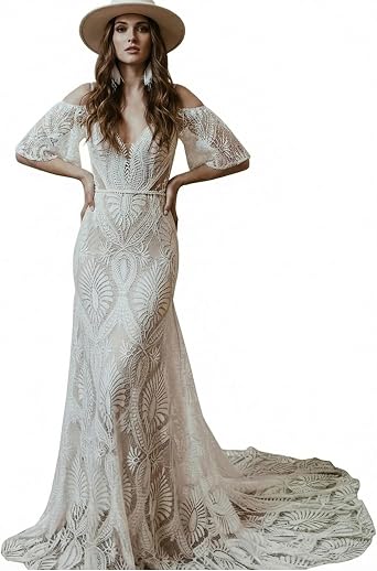 Chic Boho Wedding Dress for Brides Detachable Cold Shoulder Sleeves V Neck Backless Sheath Long Lace Bridal Gowns for Outdoor Weddings,USS16W