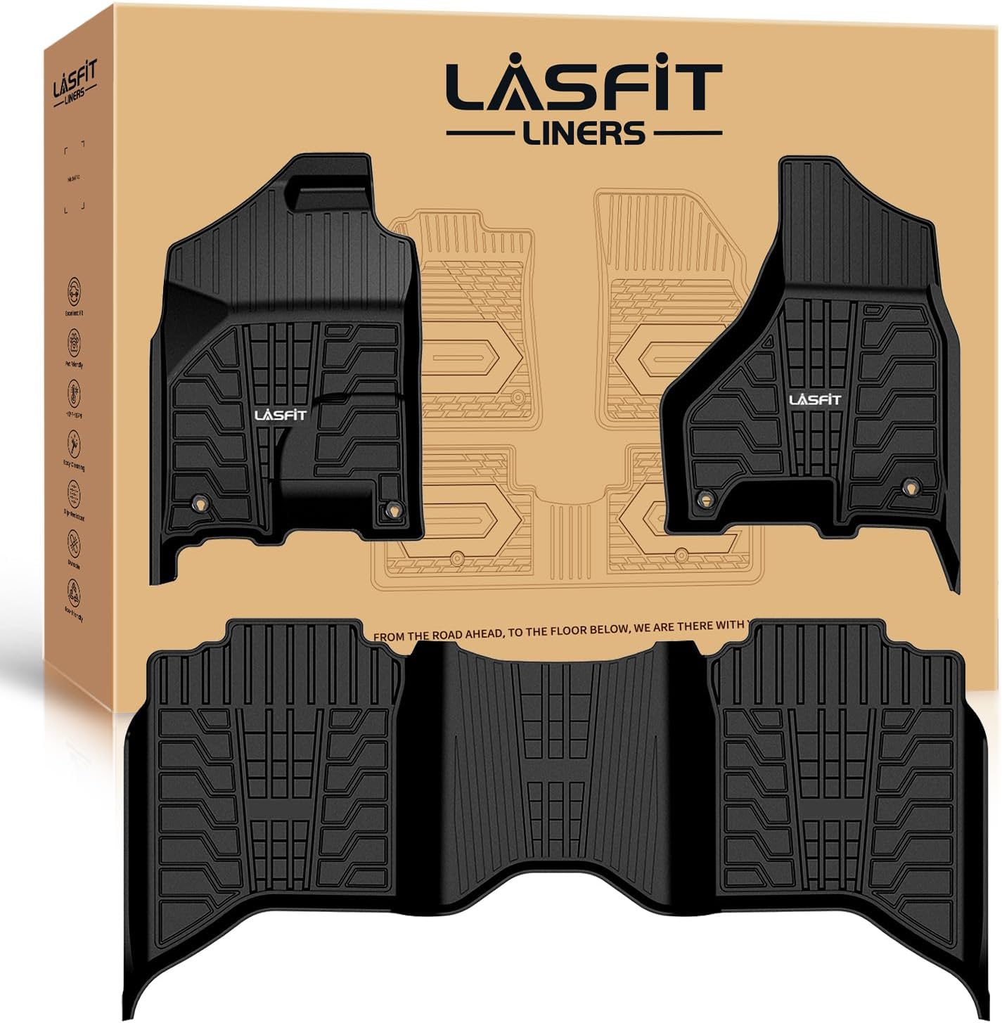 LASFIT Custom Fit TPE Floor Mats for 2013-2024 Dodge Ram 1500/2500/3500 Crew Cab - All-Weather Liners, 1st & 2nd Row Black