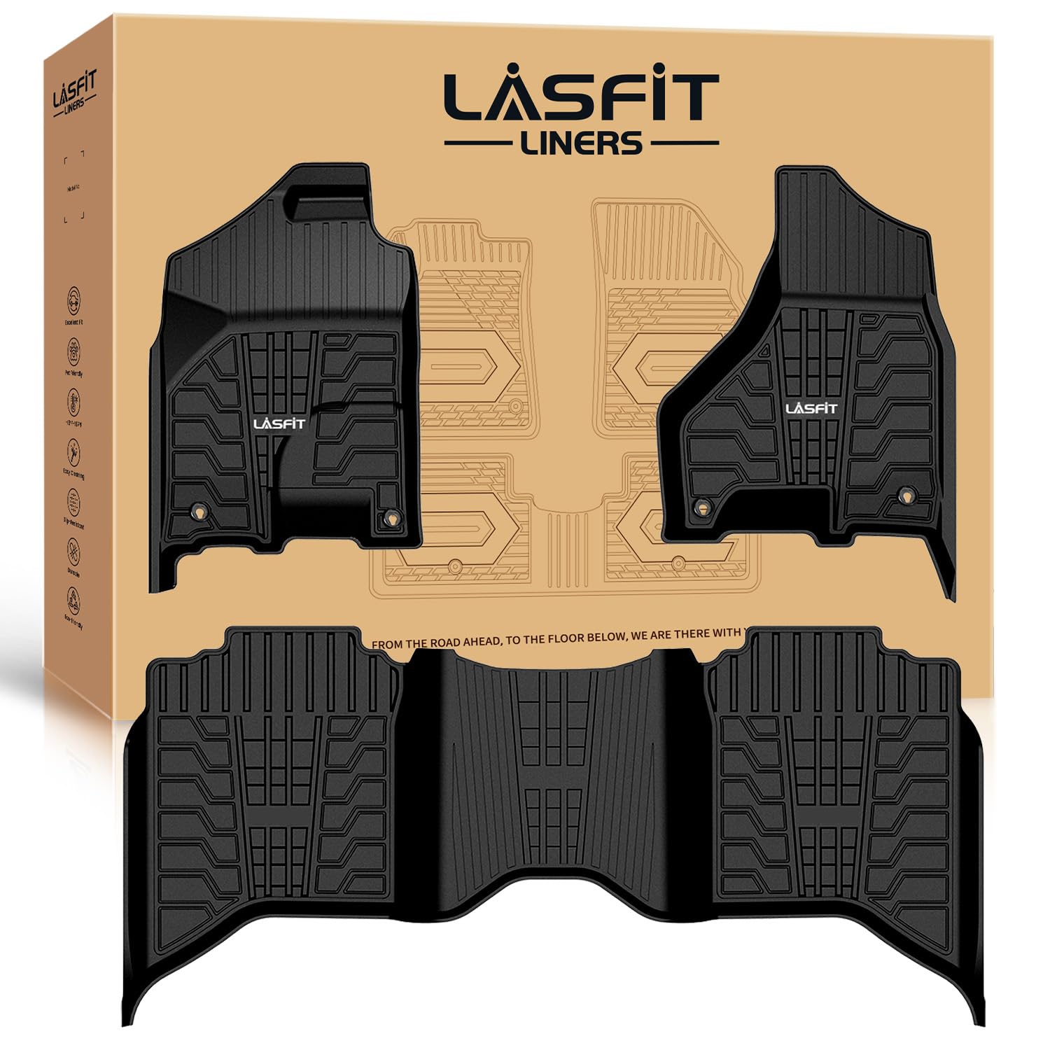 LASFIT Floor Mats 2013-2018 for Dodge Ram 1500/2500/3500 Crew Cab, 2019-2024 for Dodge Ram 1500 Classic Crew Cab 4 Full Size Doors All Weather TPE Custom Fit Car Mats Floor Liners 1st & 2nd Row, Black