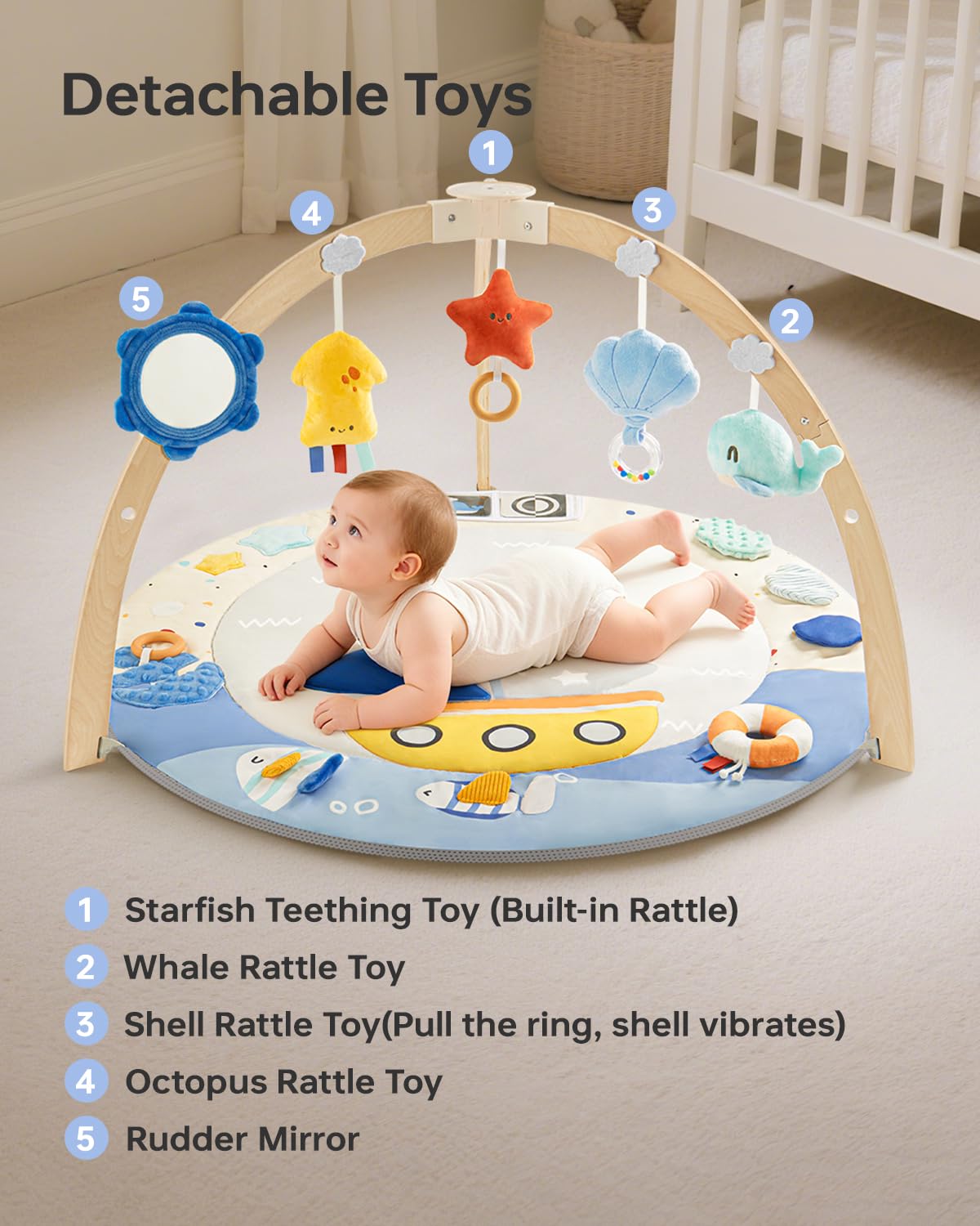 Baby Play Gym Activity Mat, 5 Developmental Zones Wooden Tummy Time Mat with 7 Detachable Sensory Toys for Motor Skills & Sensory Development, Baby Essentials Shower Gift, Easy to Install