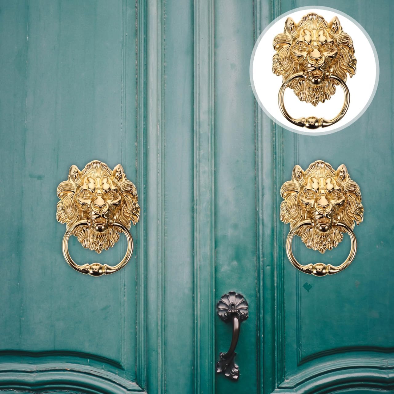 Gadpiparty Door Handle Door Knocker Decoration Cabinet Ring Knob Brass Door Pull Vintage Brass Lion Door Front Door Knockers Gold Decor Lion Head Handle Cupboard Antique Zinc Alloy