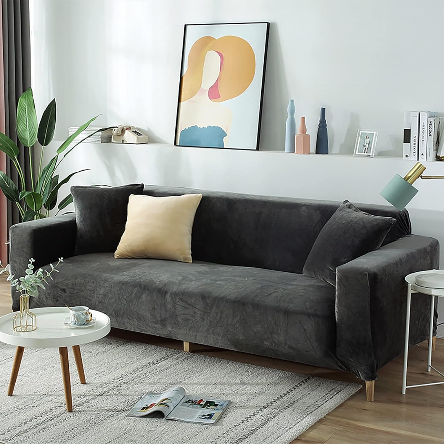 Velvet Thick Sofa Slipcover, Modern Solid Color Stretch 1-4 Seat Loveseat Sofa Cover, Warm Plush Furniture Protector Cover for Chair Sofa Couch(Gray,4 seat(93-118inch))