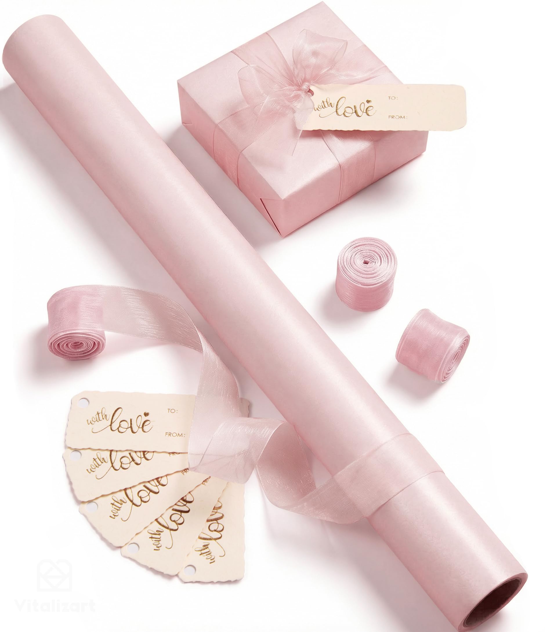 Vitalizart Light Pink Wrapping Paper 43 cm x 5 m, Pearlescent Gift Wrapping Paper Roll & Organza Ribbons & Gift Tags Set for Valentines, Wedding, Brithday, Christmas, Baby Shower