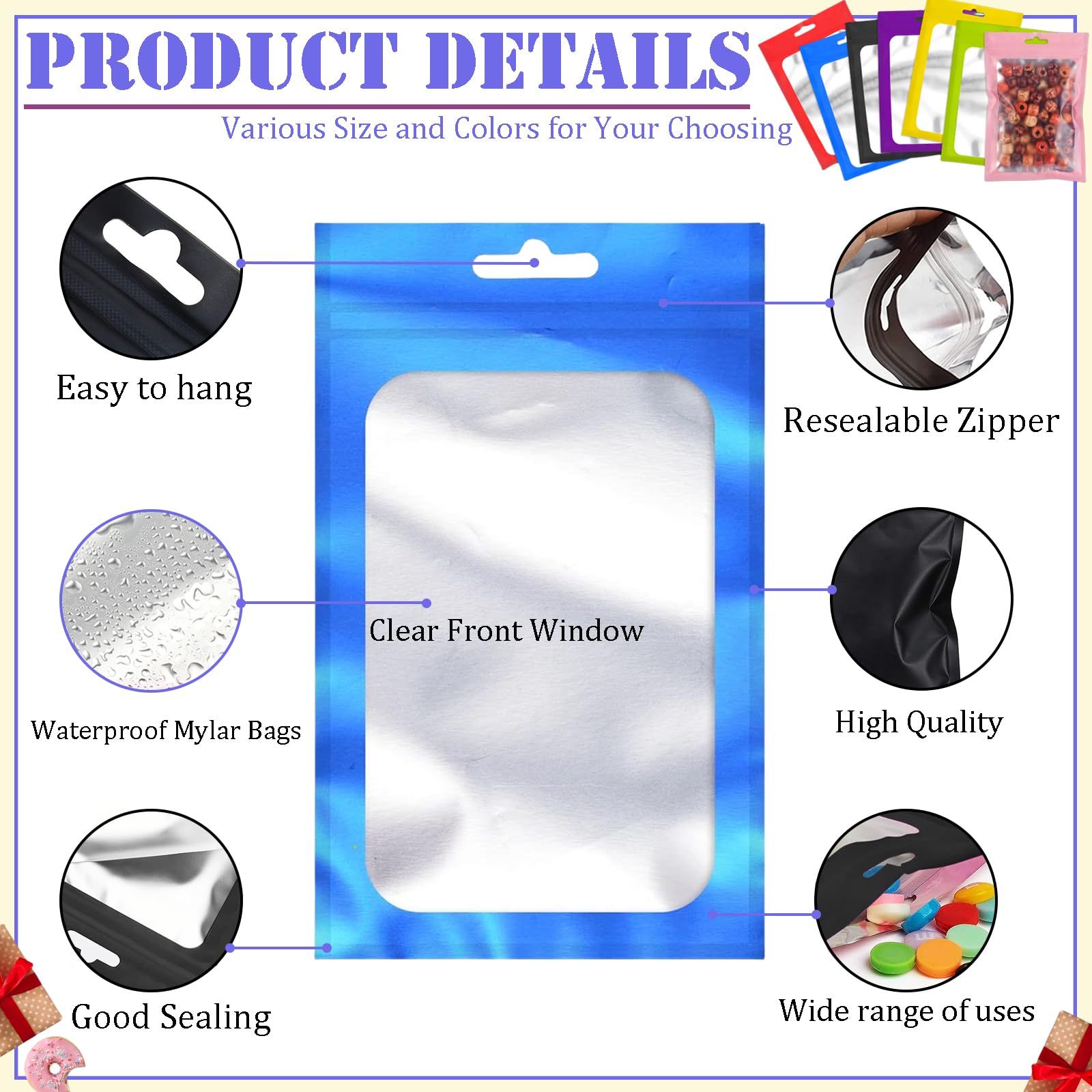 Rimiko Lot 50 Sachets Zip Aluminium Refermables 14x20 Cm Bleu Métallisé – Pochons Mylar Hermétiques Avec Fenêtre Et Zip, Idéal Stockage Et Vente