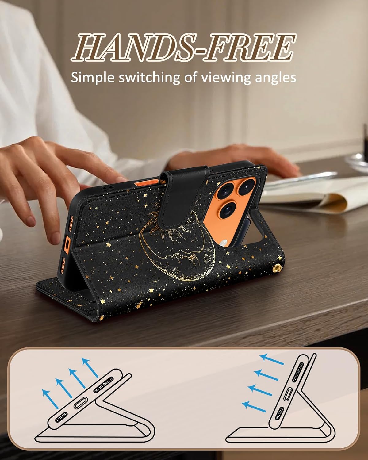 Toycamp for iPhone 17 Pro Max Wallet Case with Wrist Strap - Leather Flip Folio Phone Case with RFID Blocking 4 Card Holder for Apple for iPhone 17 Pro Max Funda Cute Aesthetic for Women,Sun and Moon - Image 5