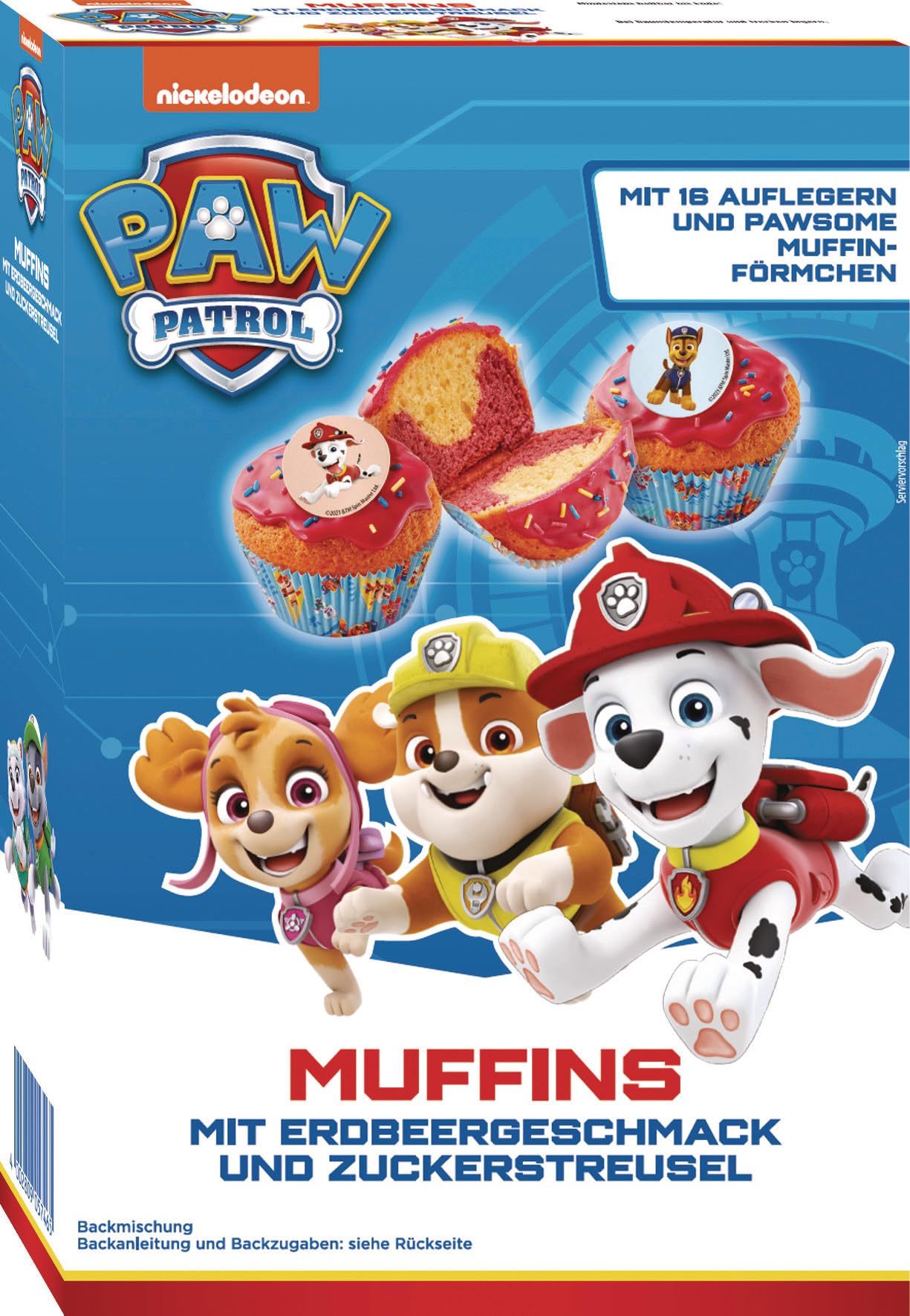 RUF x PAW Patrol Muffin Backmischung mit Erdbeer-Geschmack, für 12 Paw Patrol Muffins, inkl.16 Oblaten-Auflegern und PAWsome Muffin-Förmchen, 1 x 394g