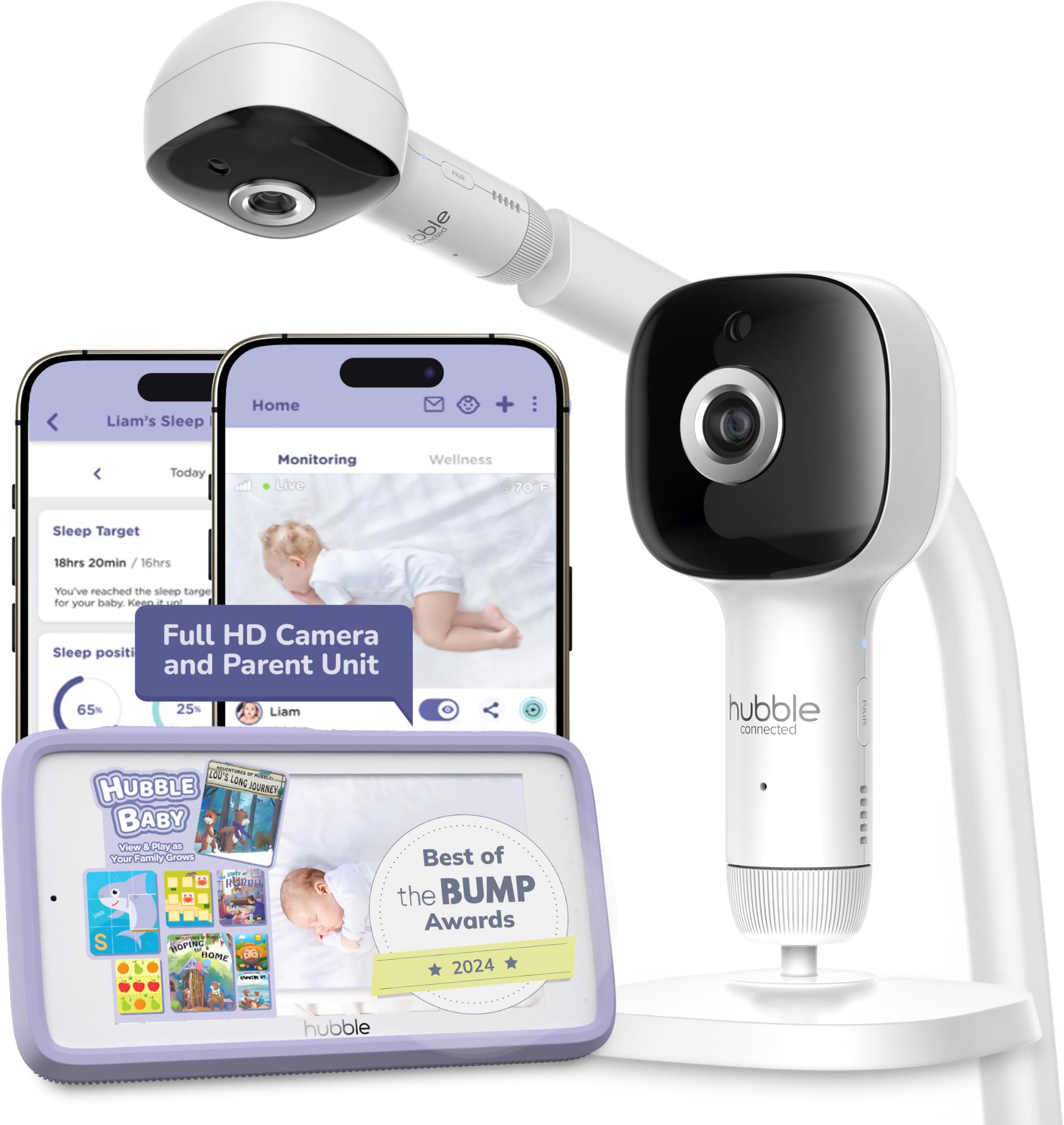 HUBBLE CONNECTED SkyVision AI Pro Baby Monitor — Baby Camera Monitor w/Covered Face, Rollover & True Cry Detection, Sleep Trainer, Soother & More — w/Touch Screen HD Parent Unit, Crib Mount System