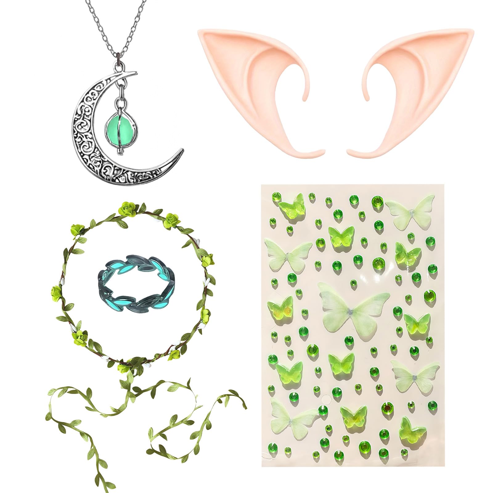 Disfraz de hadas para mujer, disfraz de elfo ajustable para mujer, con corona de flores, orejas de elfo, collar, anillo y pegatinas, disfraz de hada del bosque para mujer, para carnaval, Halloween
