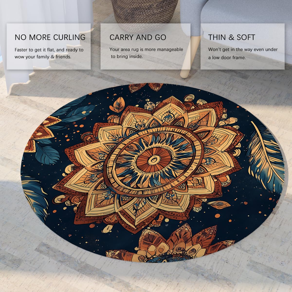 Boho medytacja paw pióropusz okrągły dywanik 130 cm psychodeliczny warstwowy kwiatowy dywanik można prać w pralce dywan z niskim runem antypoślizgowy składany do salonu sypialni biura granatowy