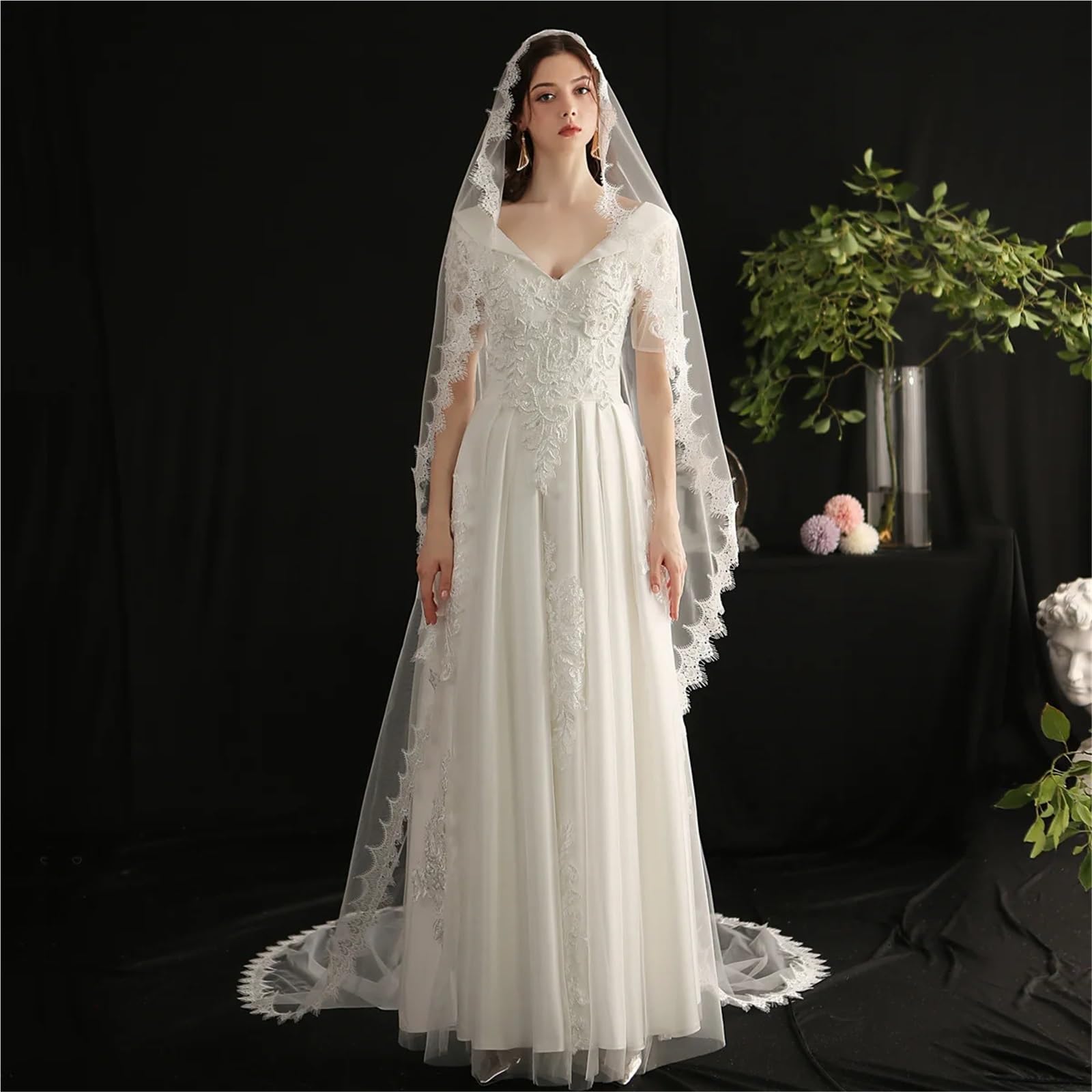 Genérico Elegante velo de novia de una capa: borde completo con pestañas, velo de novia largo con peine