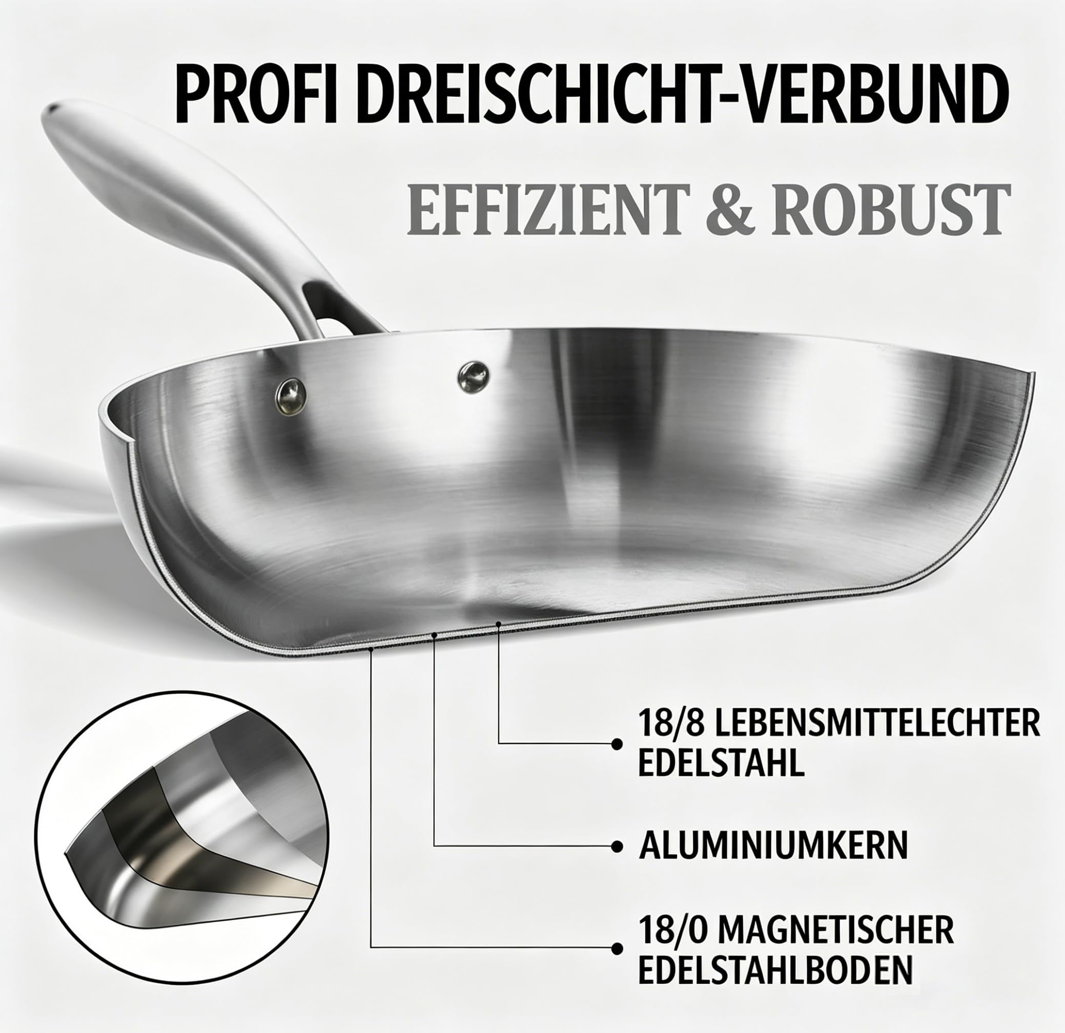 LOLYKITCH Bratpfanne 28 cm mit Glasdeckel, unbeschichtete Edelstahlpfanne | Tri-Ply Konstruktion, schnelle und gleichmäßige Wärmeverteilung, für alle Herdarten geeignet, ofenfest