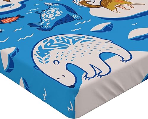 Miniatura 9 de Lunarable North Pole Fitted Sheet Set, Cartoon Illustrations of Arctic Elements and Eskimos Scandinavian Pattern, Bed Cover with All-Round Elastic