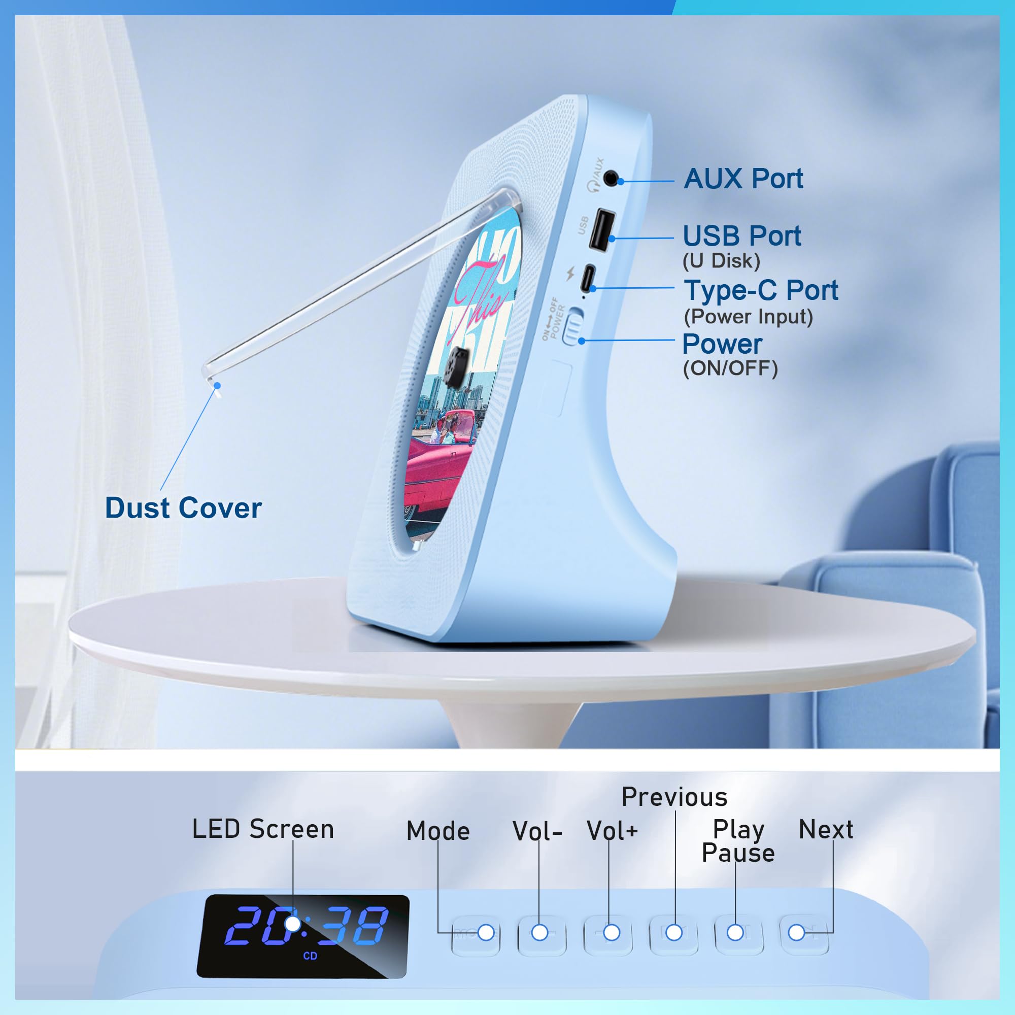 Lecteur CD Bluetooth avec Haut-Parleurs Intégrés, Lecteur CD pour la Maison