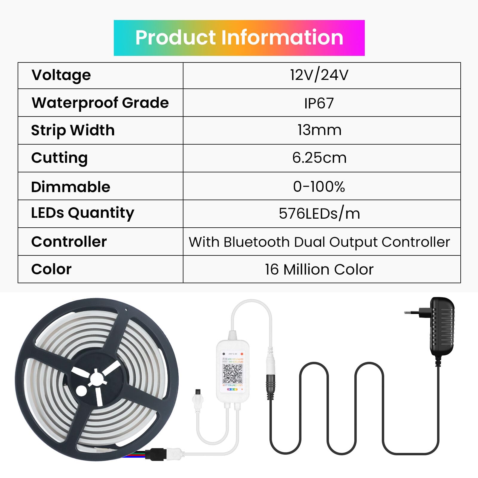 24V LED Strip Neon COB LED Streifen, 576 LEDs/m IP67 wasserdicht RGB LED Band Light Strip mit 24 Tasten IR Bluetooth Musik RGB Controller für DIY Beleuchtung Projekte.