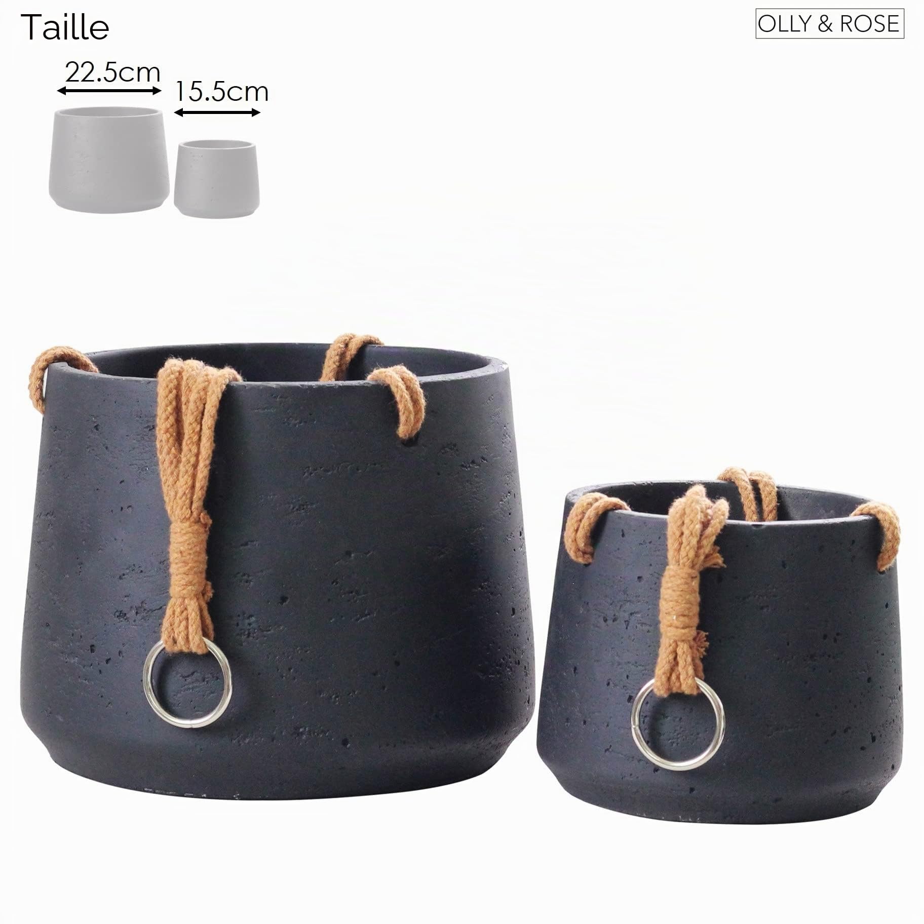 Copenhagen Lot de 2 Pots de Fleurs à Suspendre en céramique Noir Mat – Comprend Une Corde de Suspension – Pots de Fleurs à Suspendre en Ciment en céramique pour intérieur et extérieur – Effet texturé